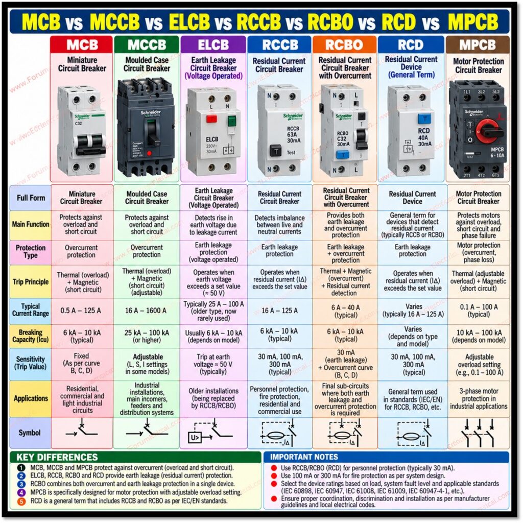 MCB, MCCB, RCCB, RCBO& ELCB