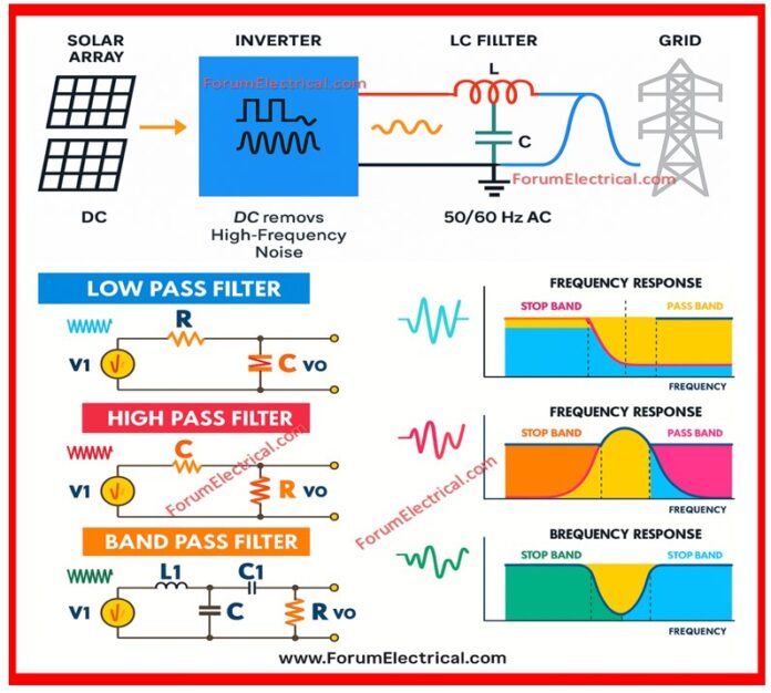 How do LC Filters reduce high frequency noise in Solar Inverters?