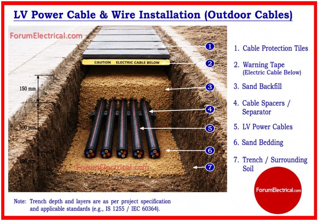 Trench depth and layers are as per project specification and applicable standards (e.g., IS 1255 / IEC 60364 ).