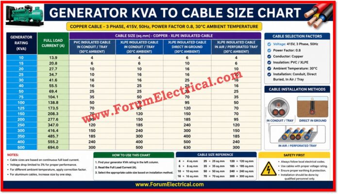 Generator KVA to Cable Size Chart Generator KVA to Cable Size Chart