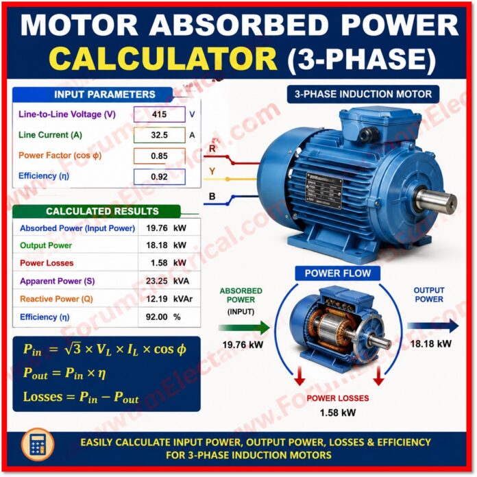 Motor Absorbed Power Calculator (3-Phase)